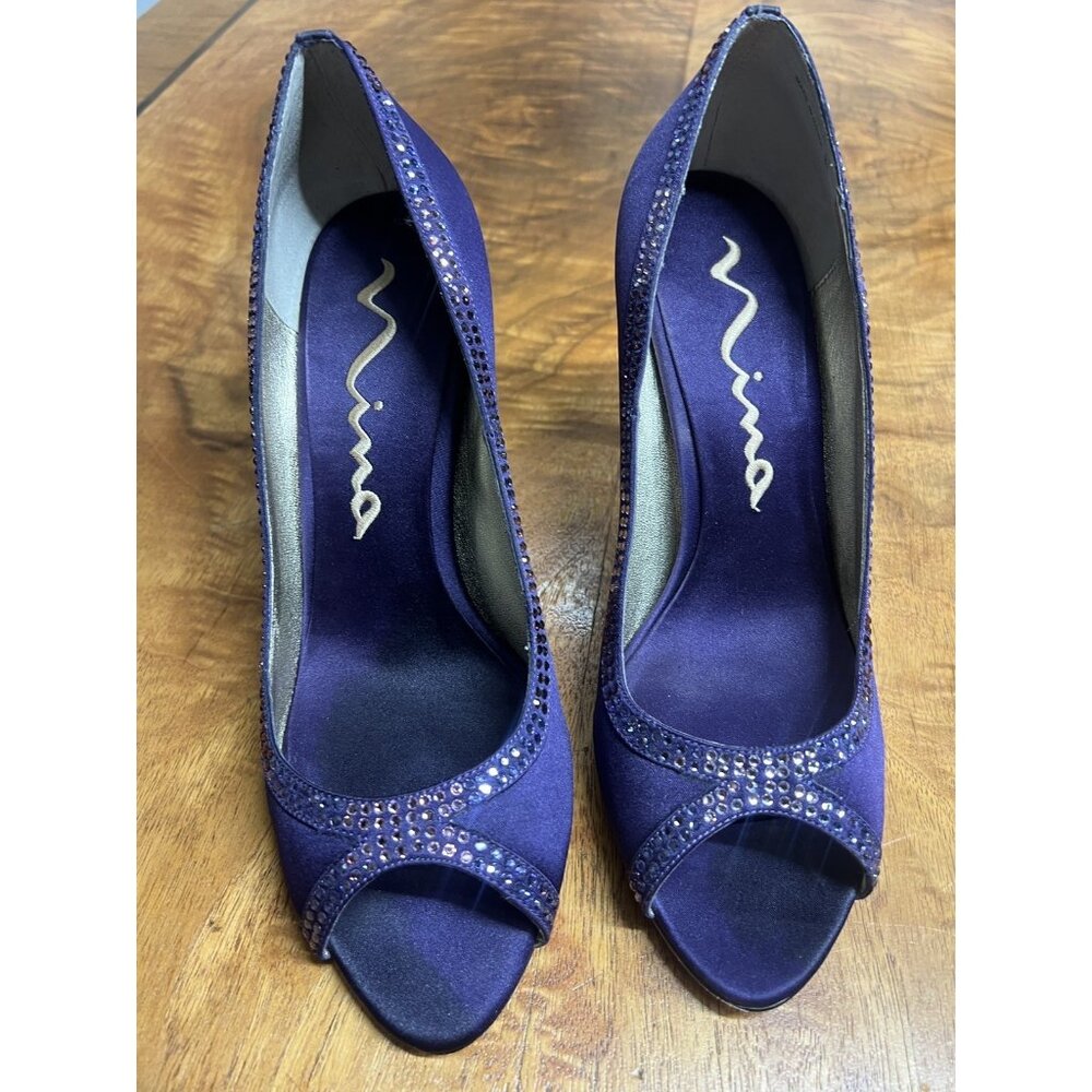 Vtg Y2k Nina Woman’s 9.5 Purple Satin Open Toe Dressy Shoes Heels‎ Rhinestones
